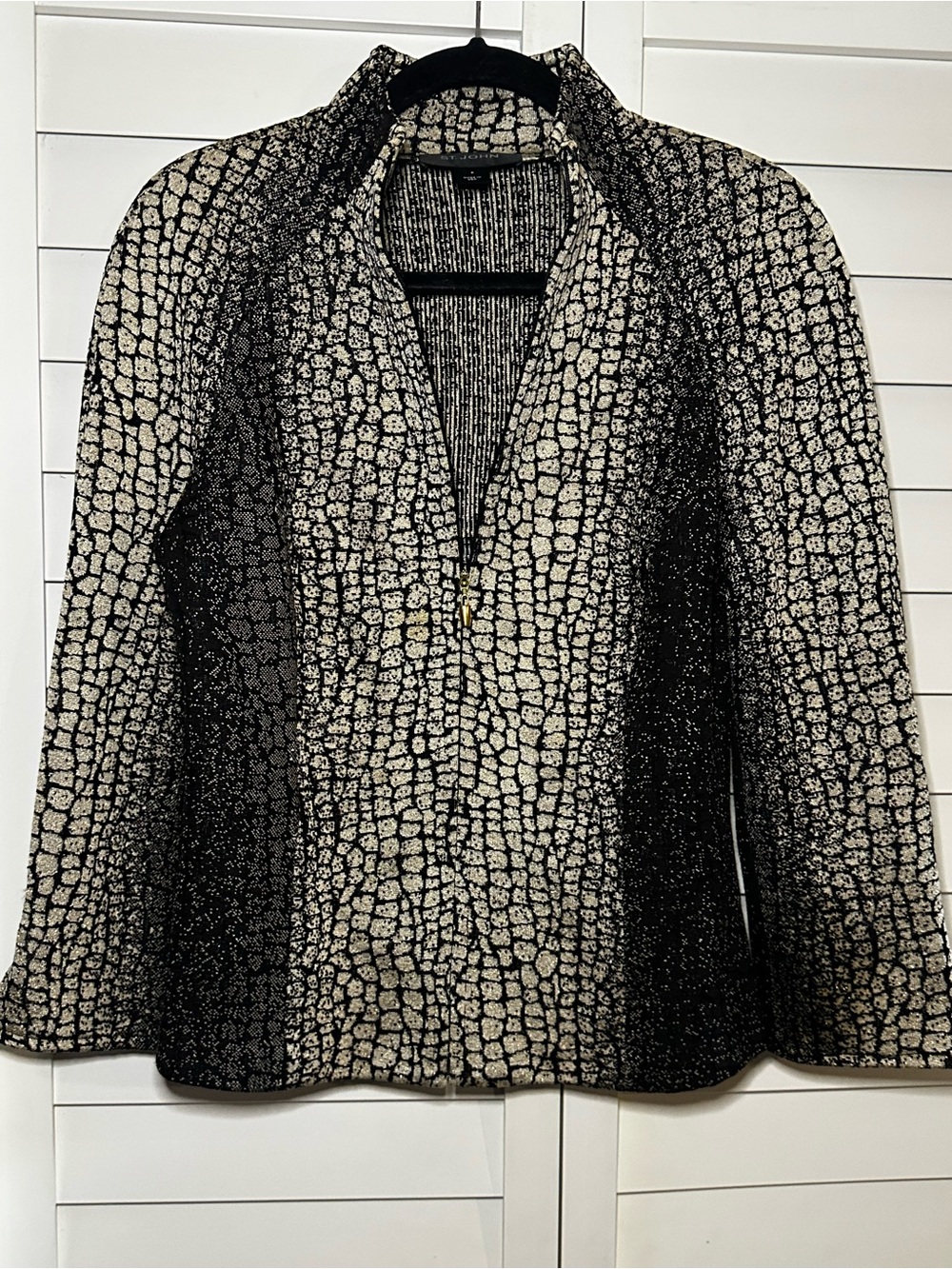 St. John Black and Cream Textured Zip-Front Blazer Shacket sporty with stretch